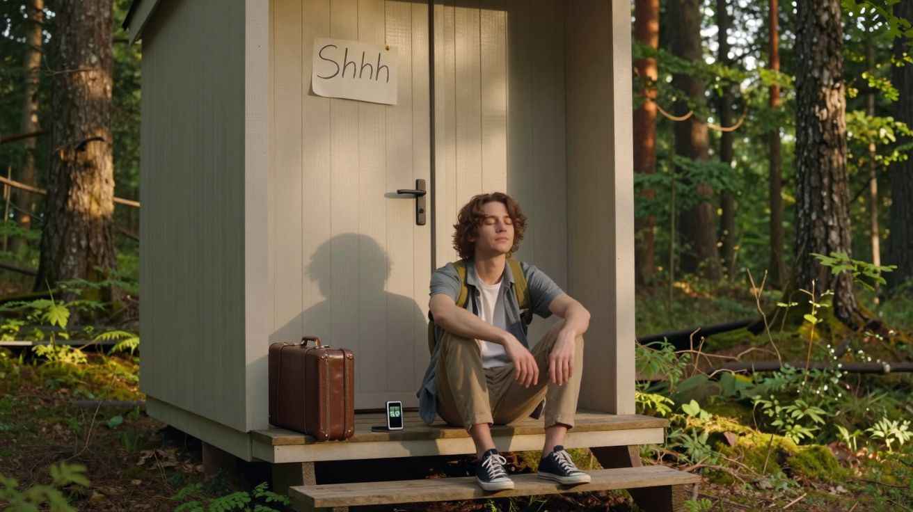 Jovem sentado nos degraus de uma cabana na floresta com uma mala e um celular ao lado, porta com placa "Shhh".