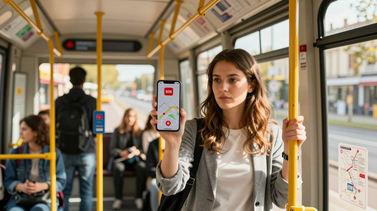 Mulher em ônibus segurando celular com tela de mapa e botão SOS, passageiros sentados ao fundo.