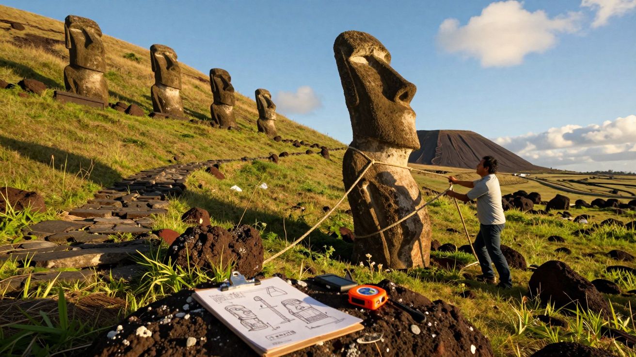 Homem mede estátua moai na Ilha de Páscoa com caderno, fita métrica e estatuas alinhadas ao fundo.