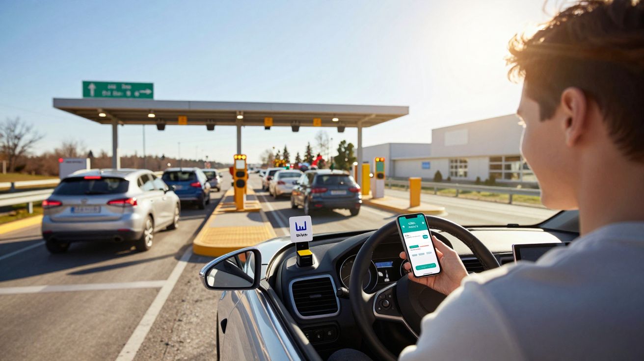 Motorista usando celular em carro na fila de pedágio com vários veículos à frente em dia ensolarado.