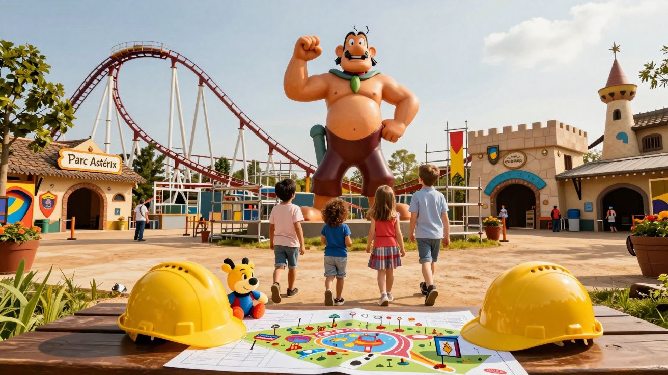 Quatro crianças caminhando em parque temático com montanha-russa, estátua gigante e capacetes de construção.