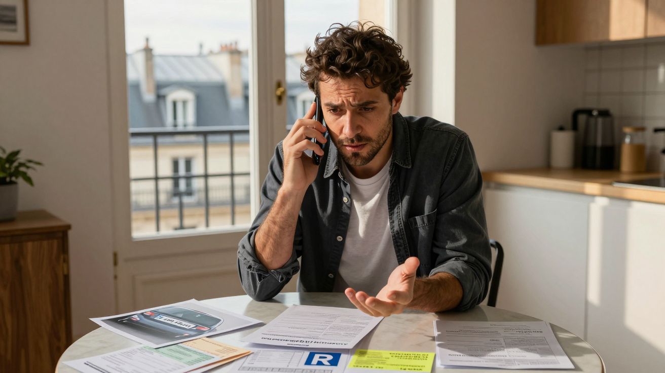 Homem preocupado falando ao telefone enquanto revisa documentos em mesa de cozinha iluminada pela janela.
