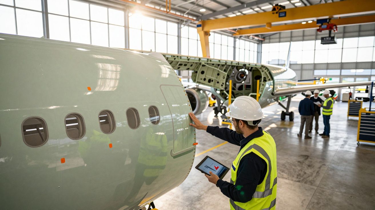 Engenheiro com capacete e colete verifica fuselagem de avião em hangar de manutenção aeronáutica.