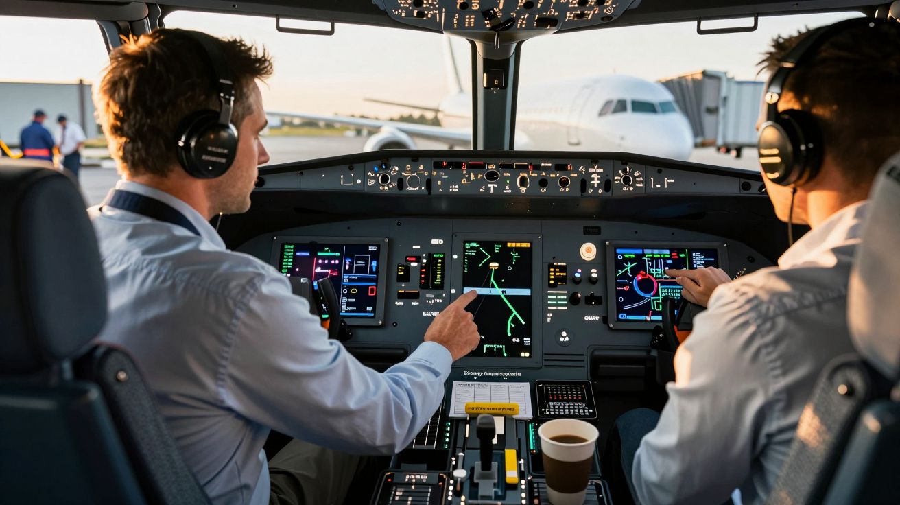 Dois pilotos com fones no cockpit de avião, analisando os controles e telas diante deles.