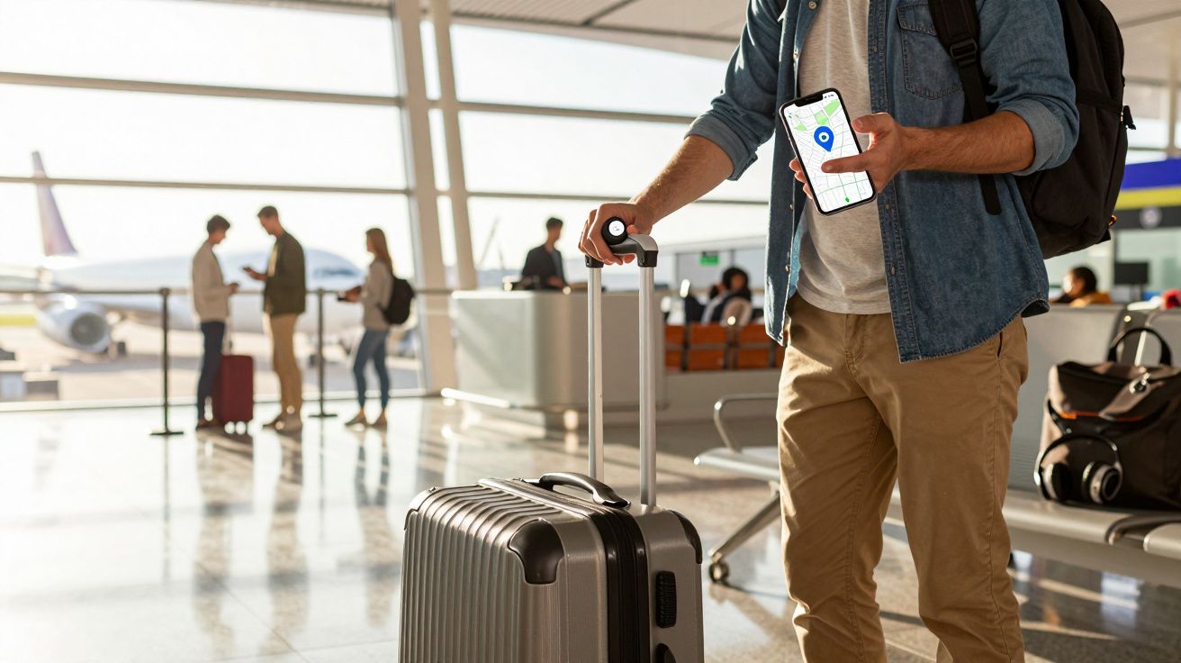 Pessoa com mala e celular mostrando mapa em aeroporto moderno com avião ao fundo.