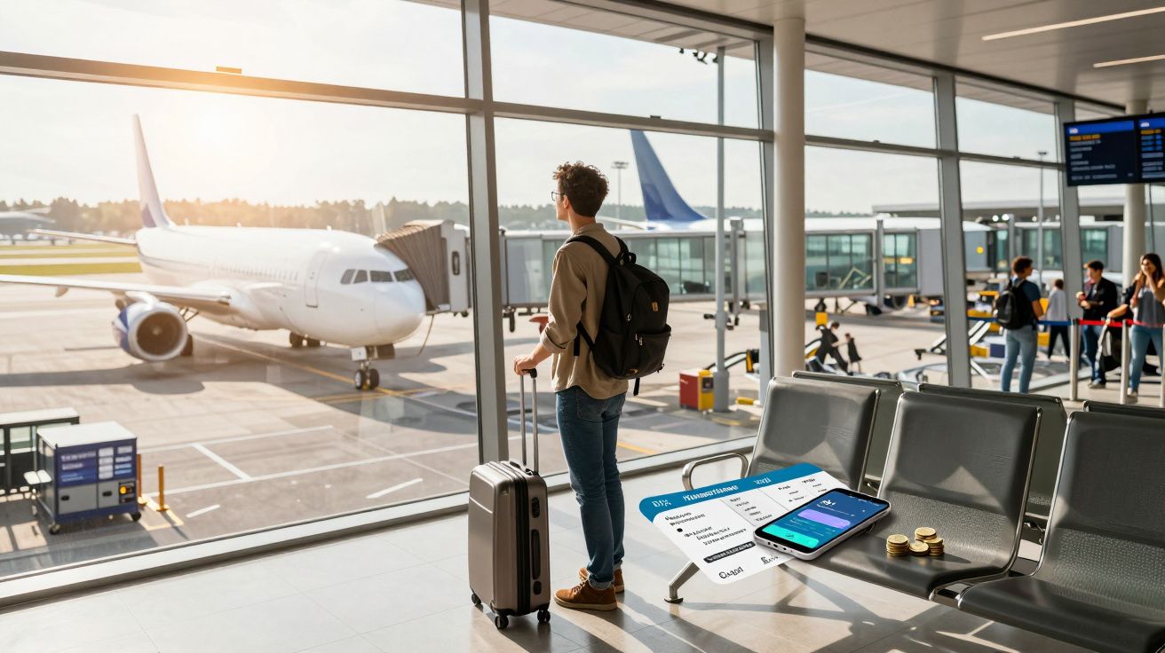 Jovem com mochila e mala observa avião no portão de embarque de aeroporto moderno ao pôr do sol.