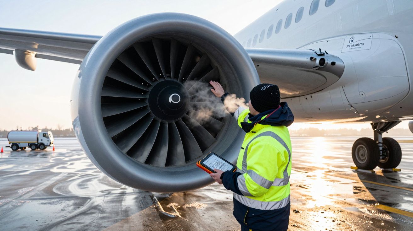 Técnico inspecionando motor de avião em pista de aeroporto em dia frio de manhã cedo.