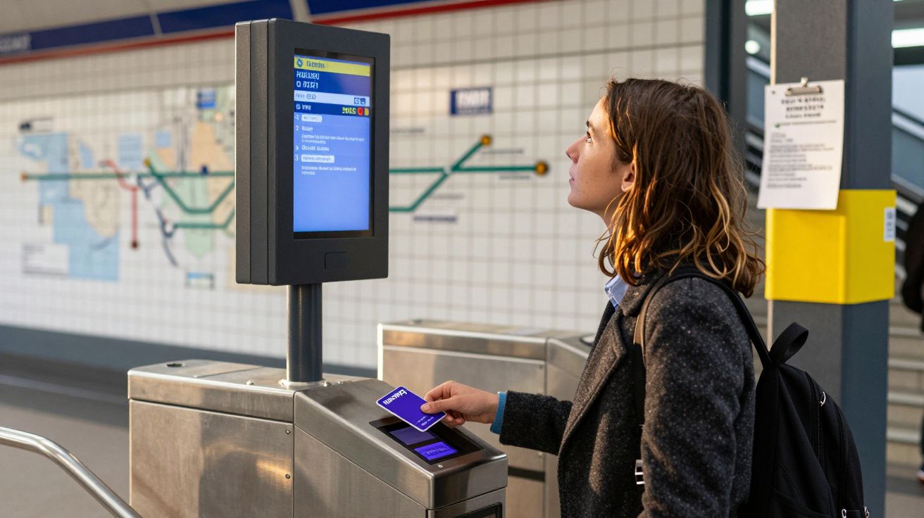 Mulher com mochila validando cartão no totem de acesso em estação de metrô com mapa ao fundo.