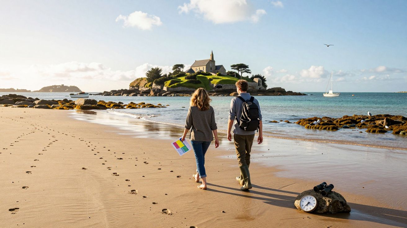 Casal caminhando na praia com ilha, igreja e barco ao fundo, relógio e binóculos na areia.