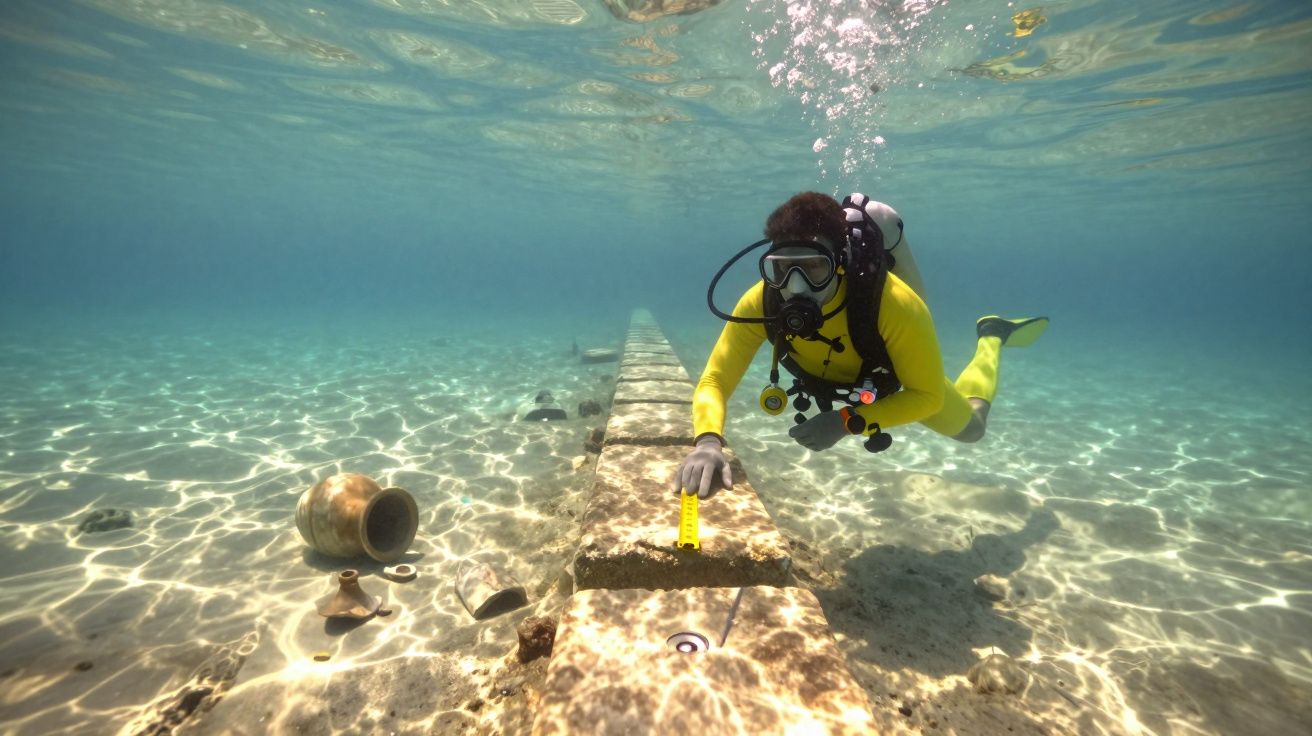 Mergulhador com roupa amarela mede estrutura subaquática antiga com cerâmica ao redor.