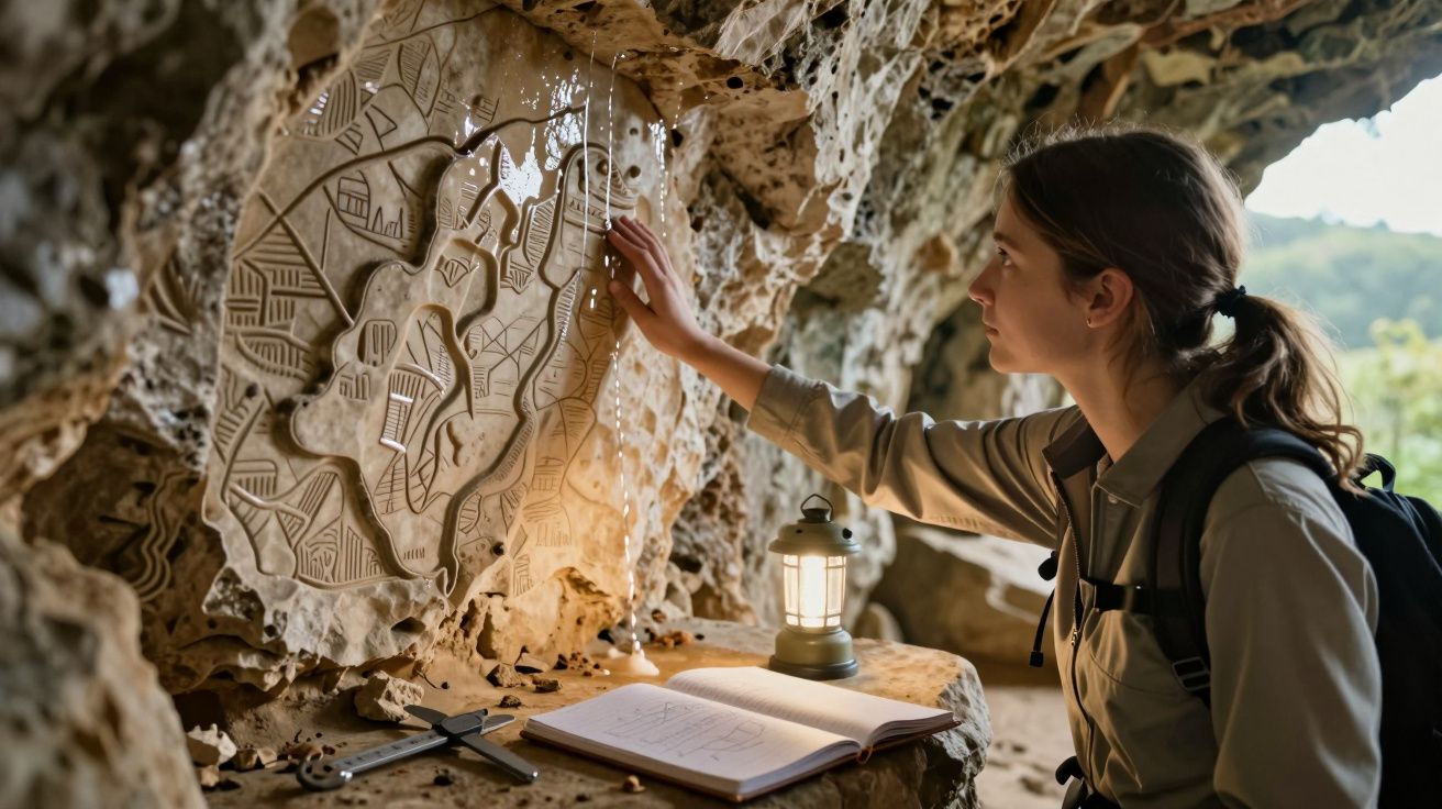 Mulher exploradora analisa pintura rupestre dentro de caverna com lanterna e caderno aberto.