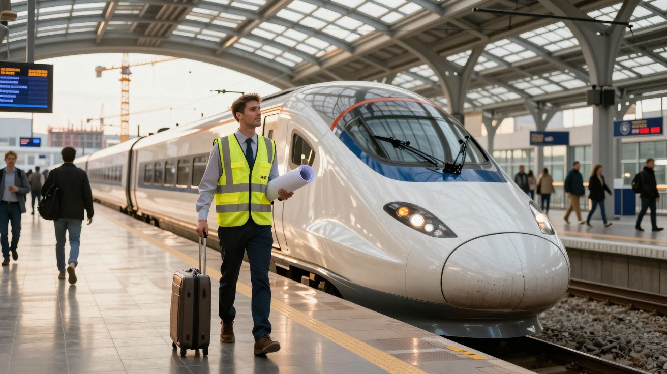 Homem com colete refletivo caminha na plataforma de estação ao lado de trem de alta velocidade branco.