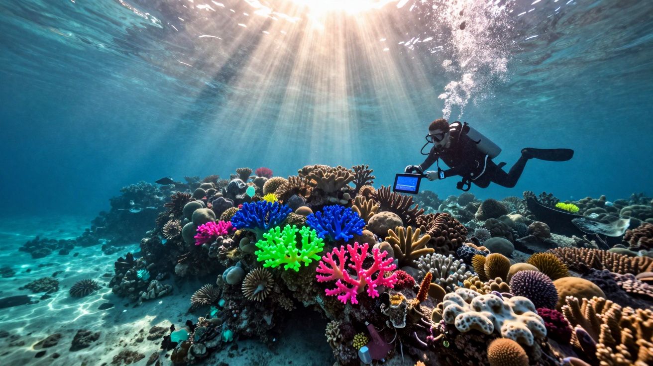 Mergulhador examina recife de corais coloridos sob luz do sol no oceano claro.