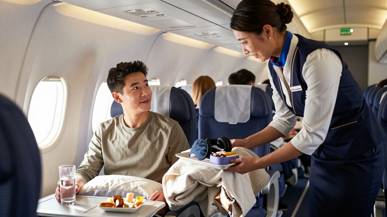 Comissária de bordo servindo refeições para passageiro sentado em avião comercial.