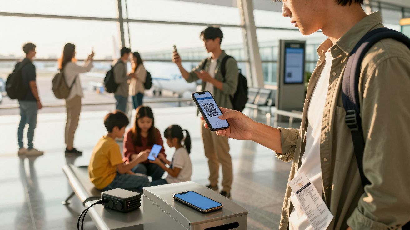 Jovem em aeroporto usando celular com QR code, pessoas ao fundo e avião visível pela janela.