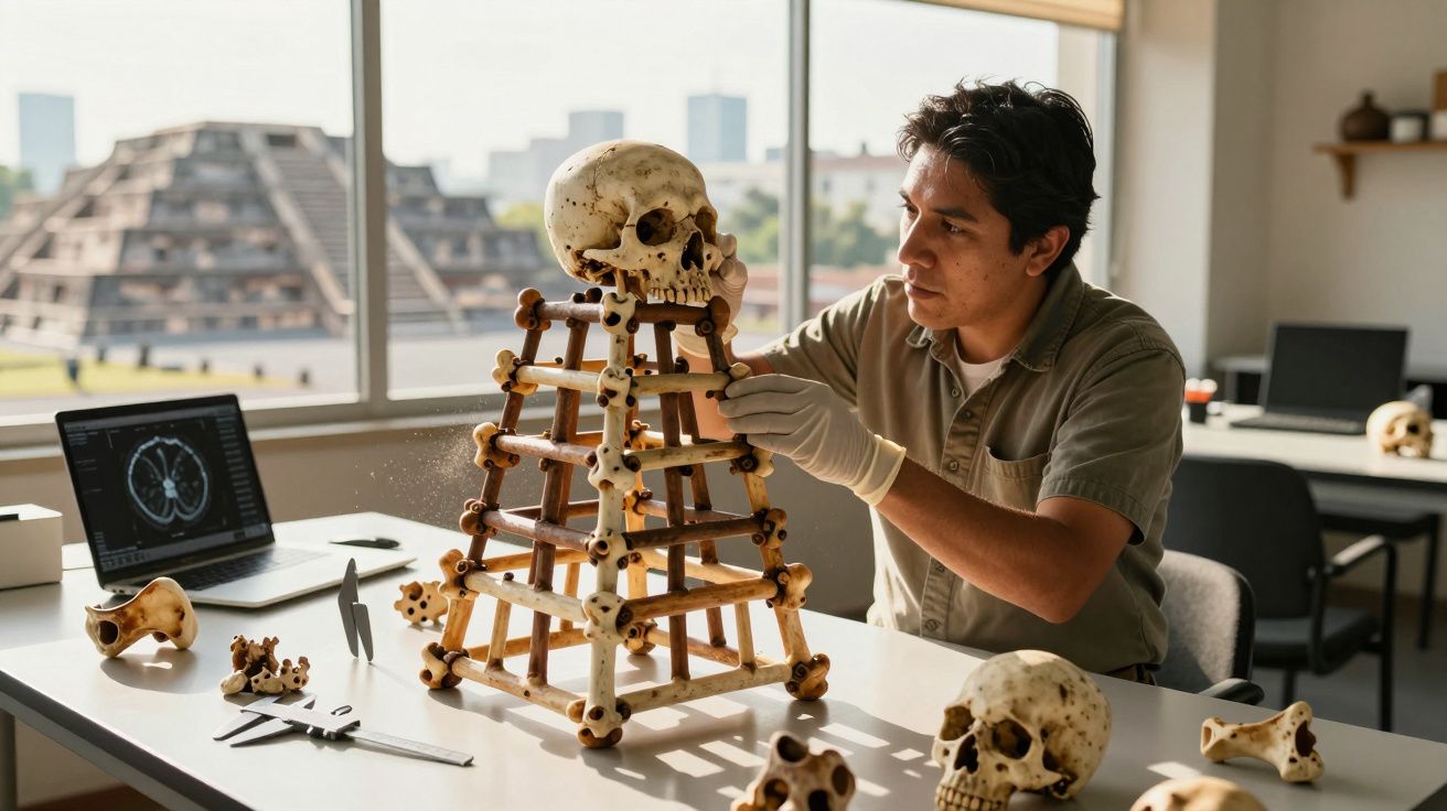 Pesquisador monta estrutura de ossos humanos em forma de pirâmide em sala com vista para pirâmide asteca.