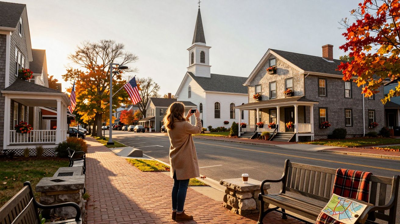Mulher fotografando igreja branca em rua com casas e bancos, em dia de outono ensolarado.
