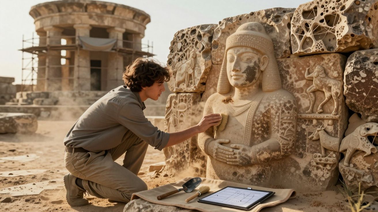 Arqueólogo examina escultura antiga de pedra em sítio arqueológico desértico com ferramentas ao lado.
