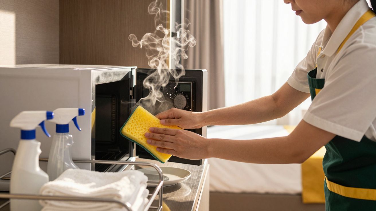 Pessoa limpando forno micro-ondas com esponja amarela enquanto sai vapor quente.