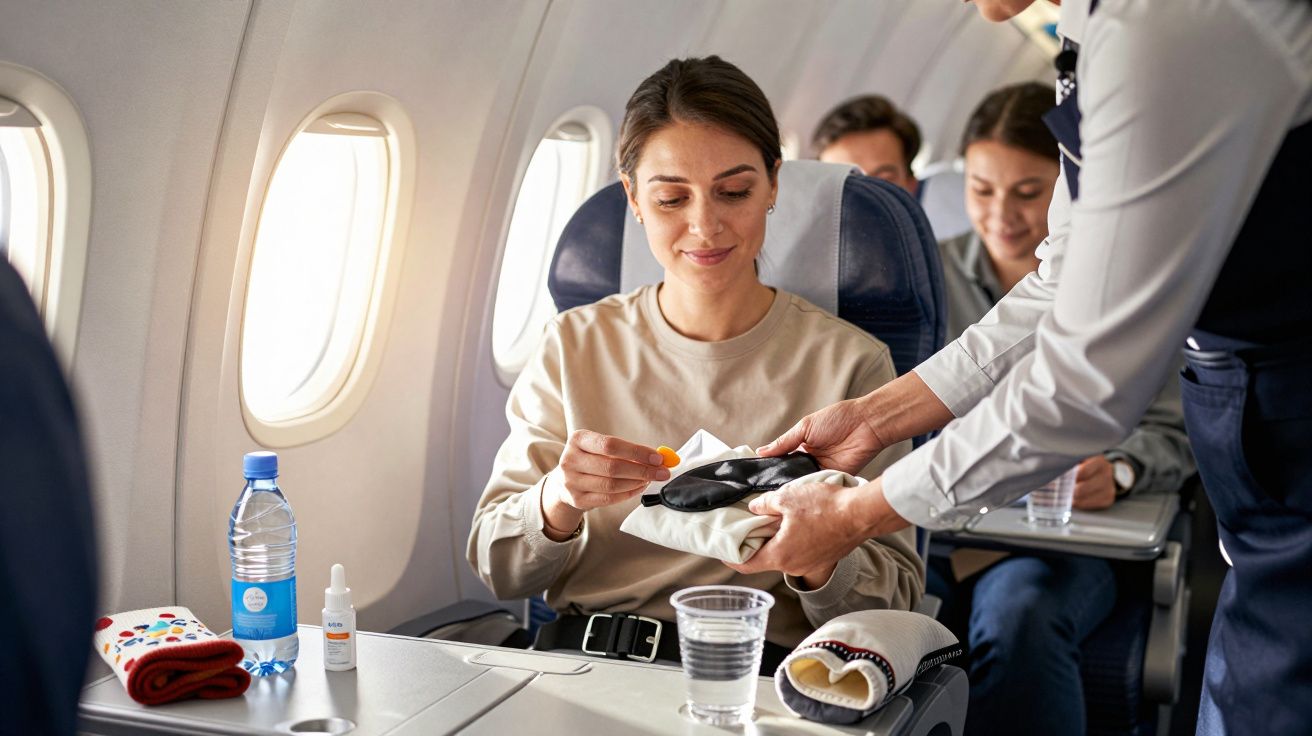 Passageira recebendo máscara de conforto de comissária de bordo dentro do avião.
