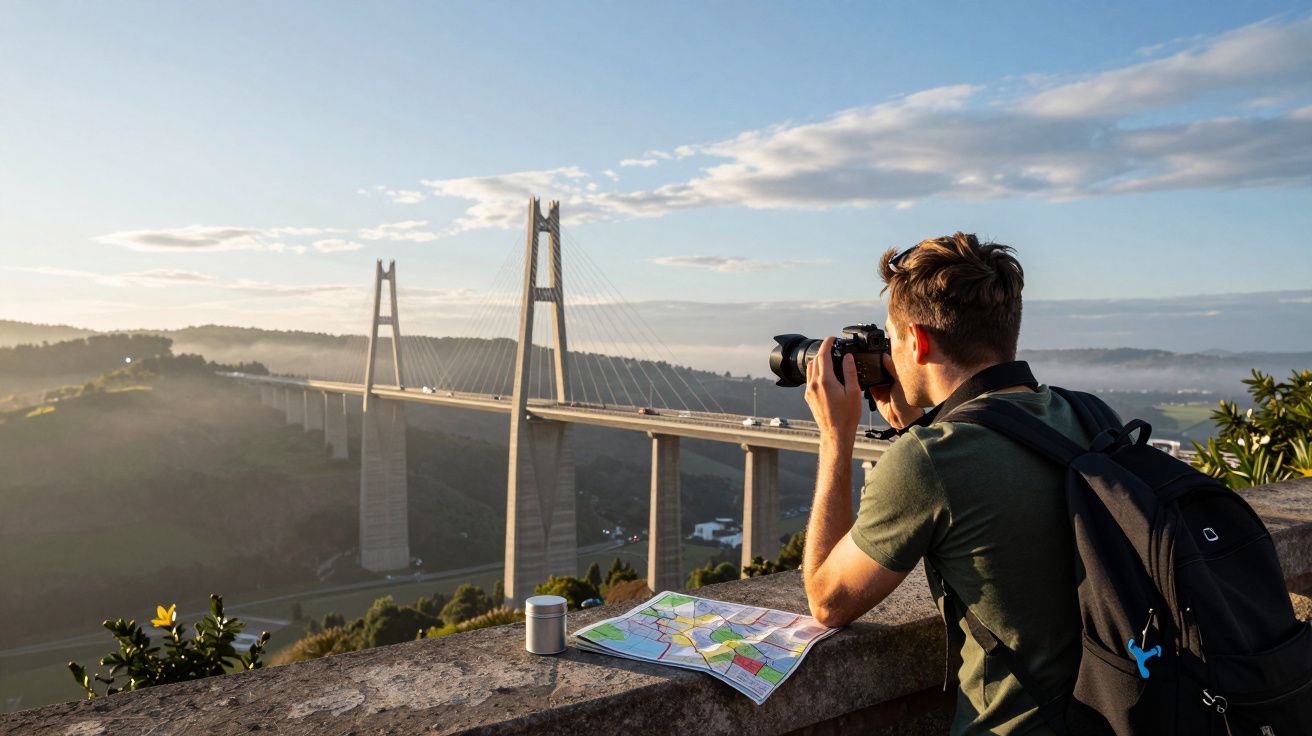 Homem de camiseta verde fotografa ponte suspensa ao pôr do sol com mochila e mapa sobre muro de pedra.