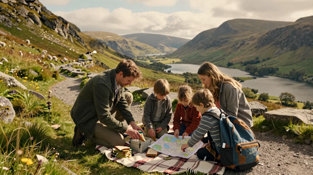 Família sentada em picnic em trilha de montanha consultando mapa e kit de acampamento.