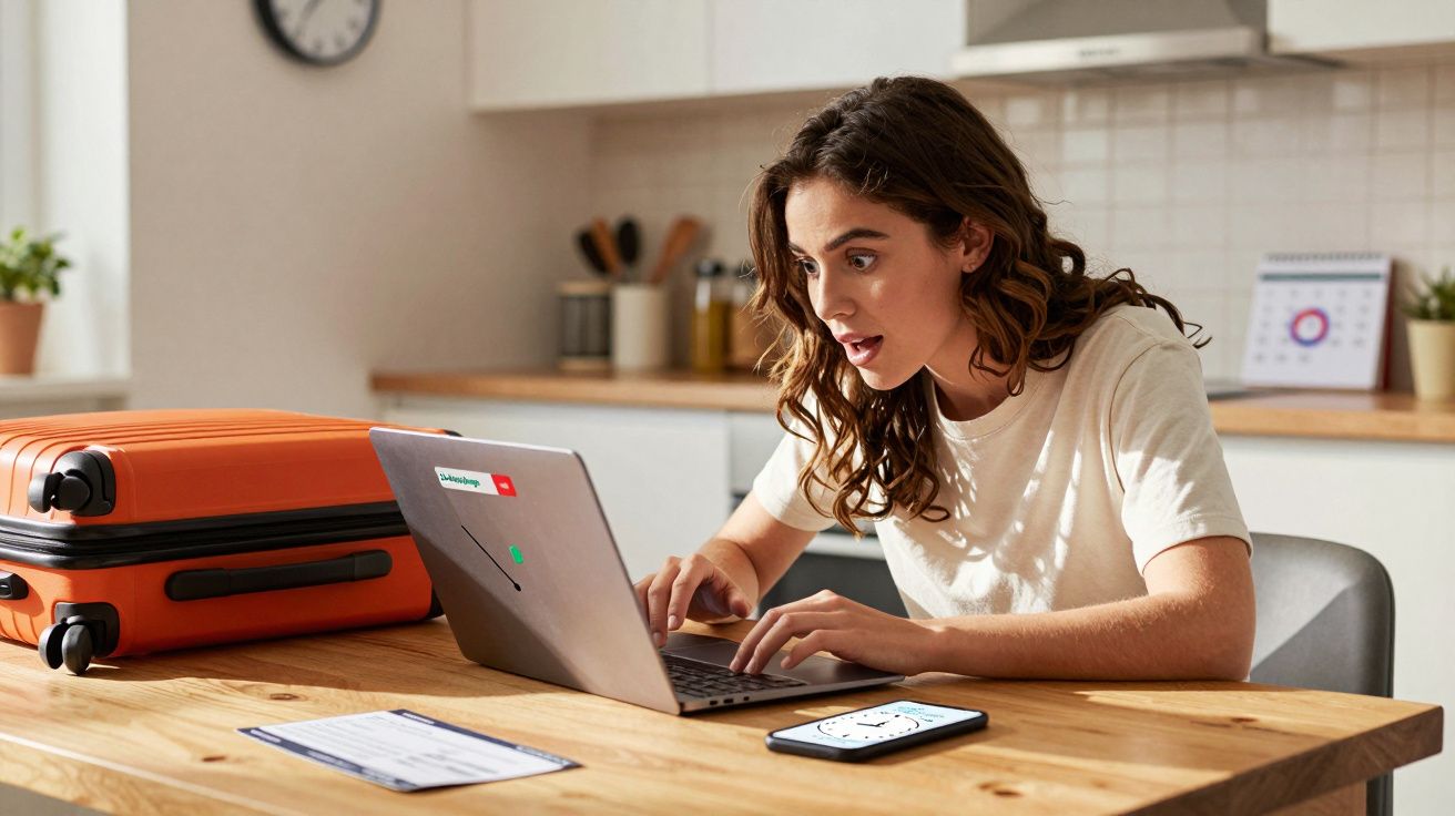 Mulher surpresa usando laptop sentada à mesa com mala laranja, telefone e documento em ambiente doméstico.
