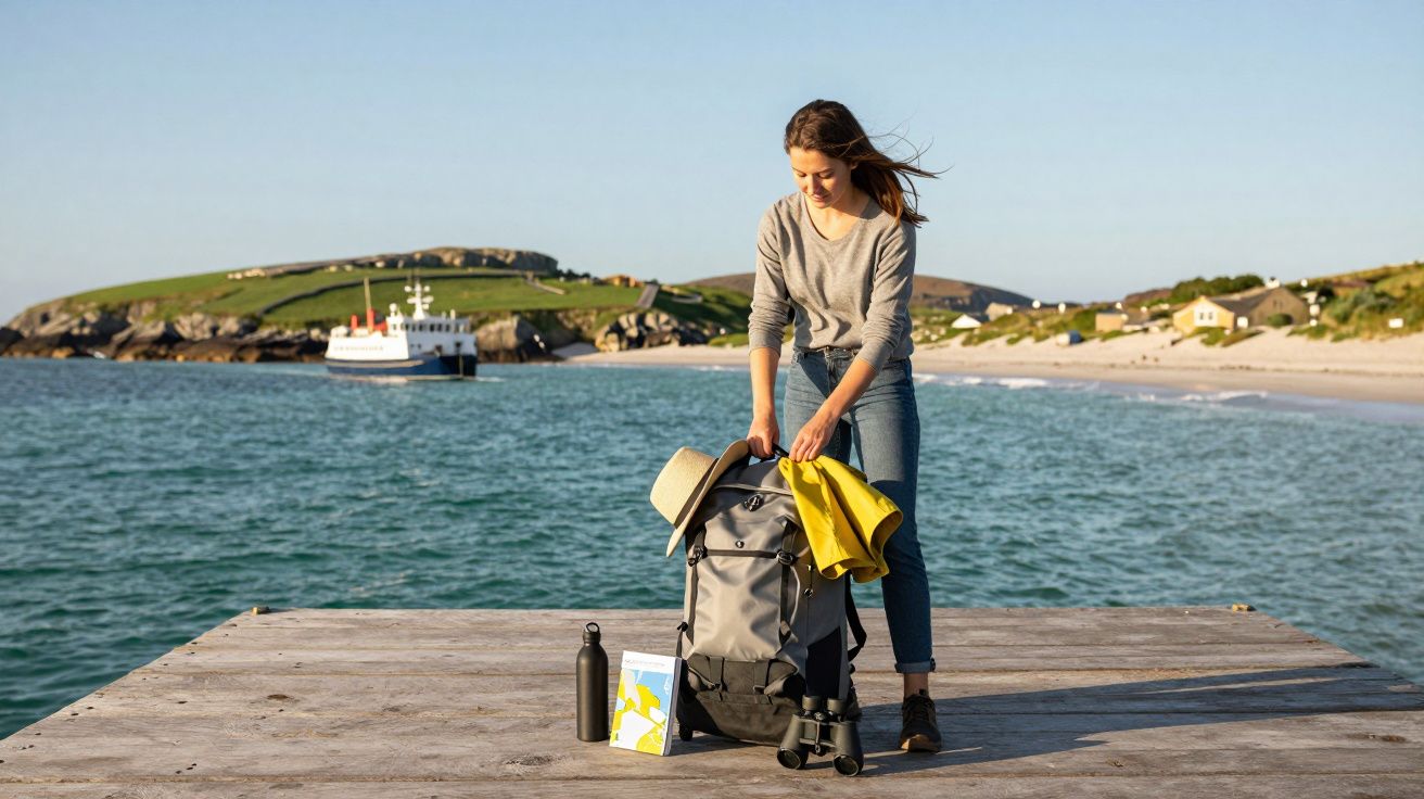 Mulher organizando mochila em píer com mar, barco e casas ao fundo em dia ensolarado.