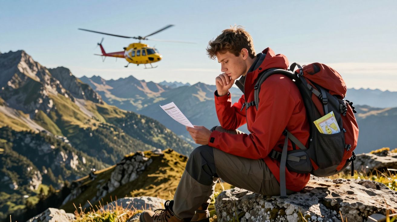 Homem com mochila sentado em pedra nas montanhas lendo papel enquanto helicóptero voa ao fundo.