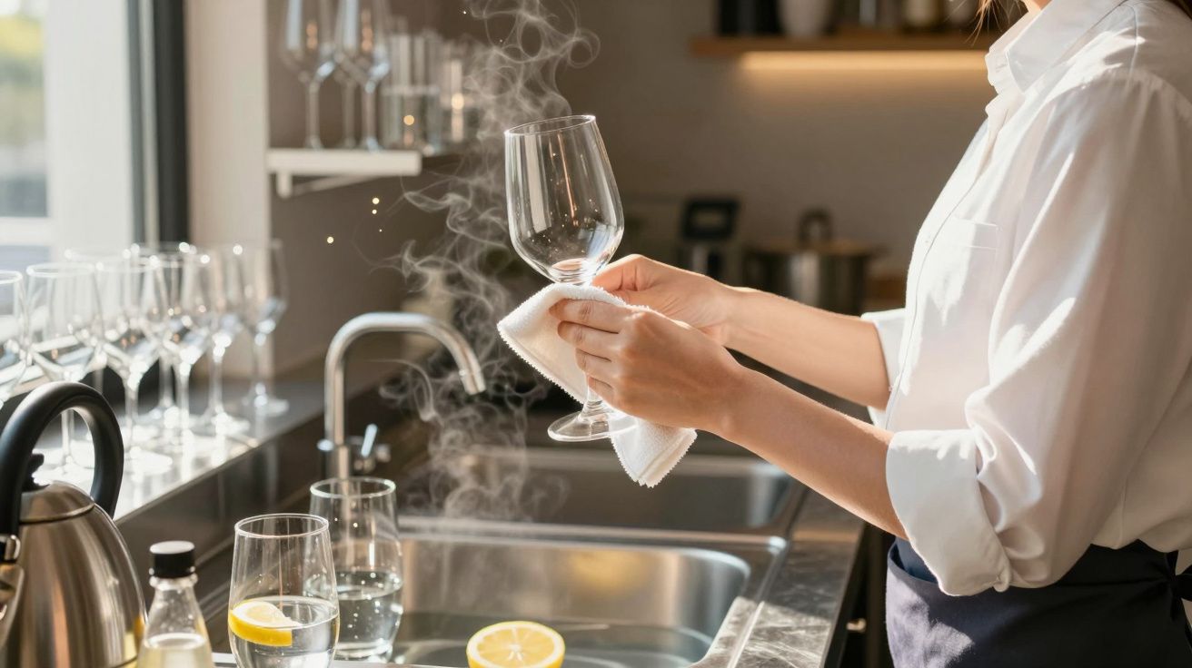 Pessoa secando taça de vidro com pano em cozinha moderna e ensolarada.