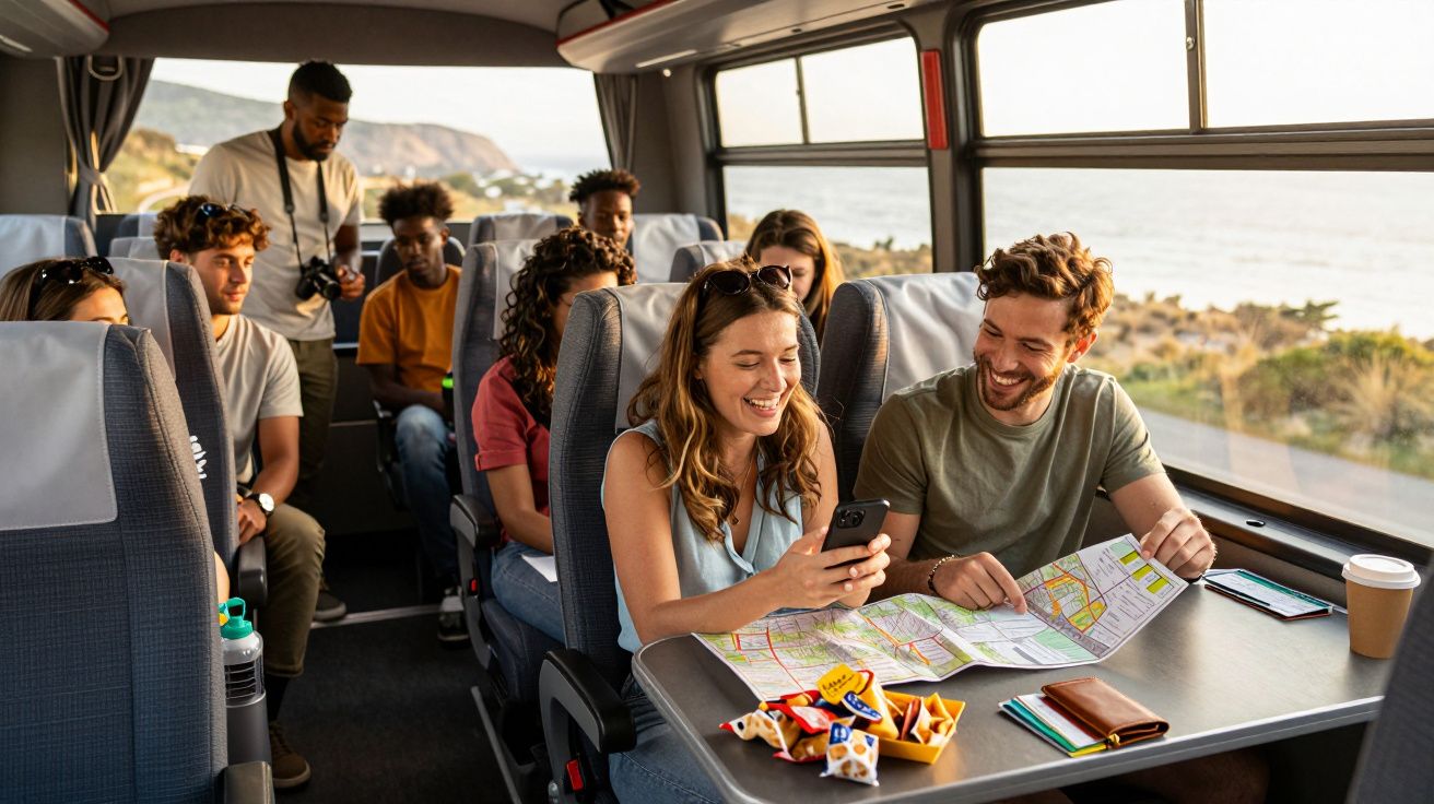 Grupo de jovens viajando em ônibus, com mapa e lanche na mesa, ambiente descontraído e paisagem ao fundo.