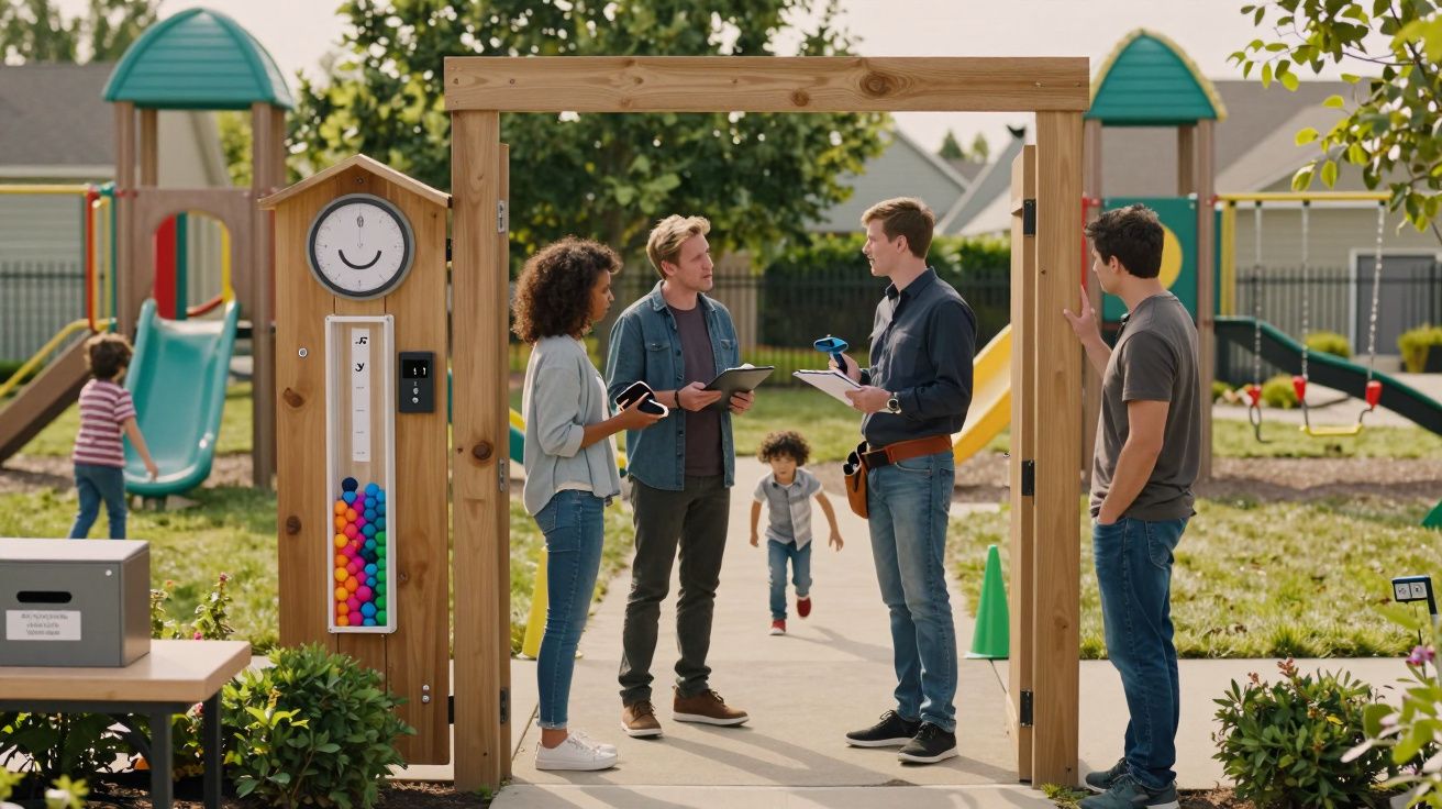 Quatro adultos conversam na entrada de um playground enquanto uma criança corre ao fundo.
