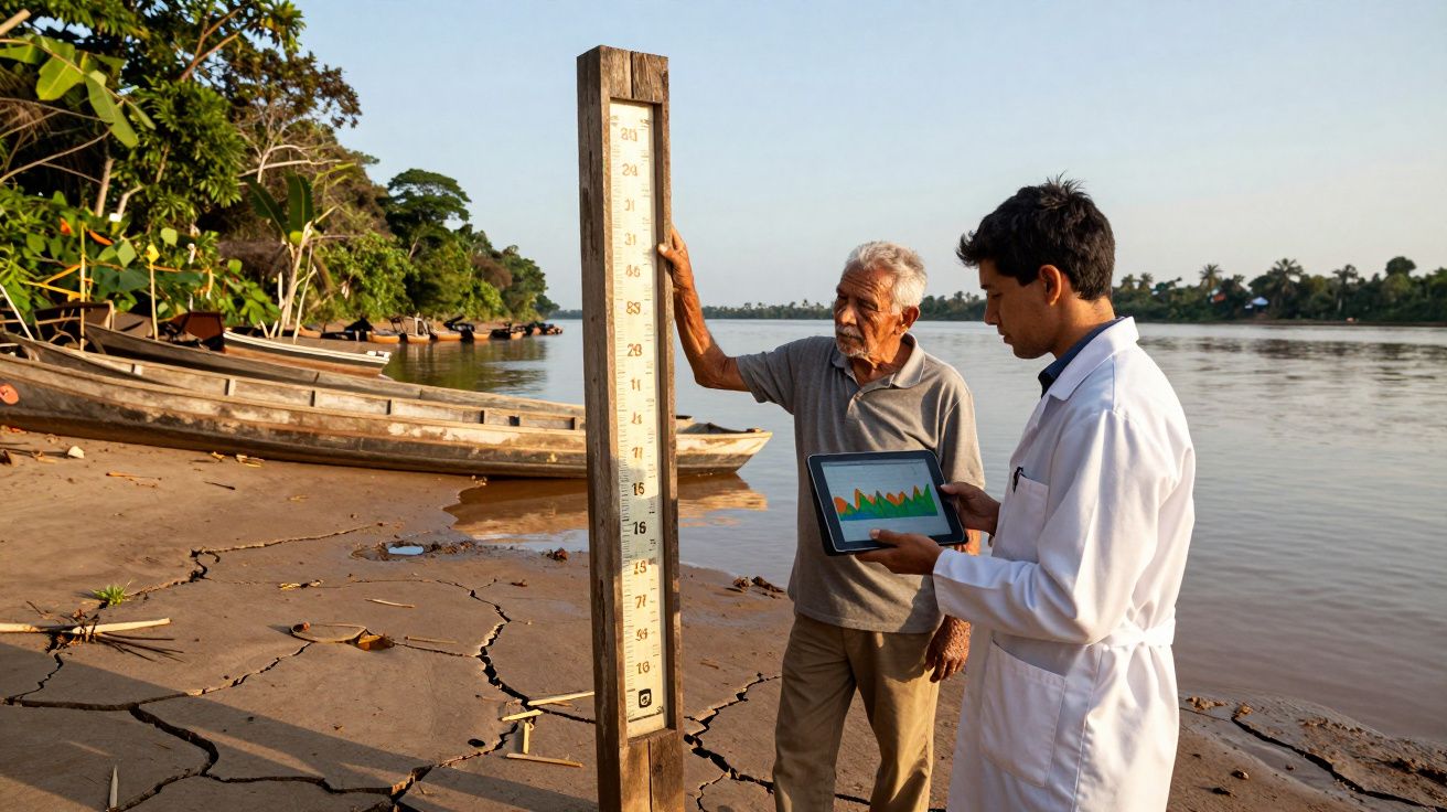 Homem idoso e cientista analisam régua de medição de água em rio com barcos ao fundo.