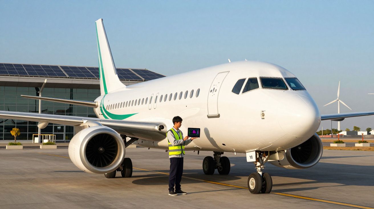 Homem com colete amarelo verifica dados em notebook perto de avião branco no aeroporto.
