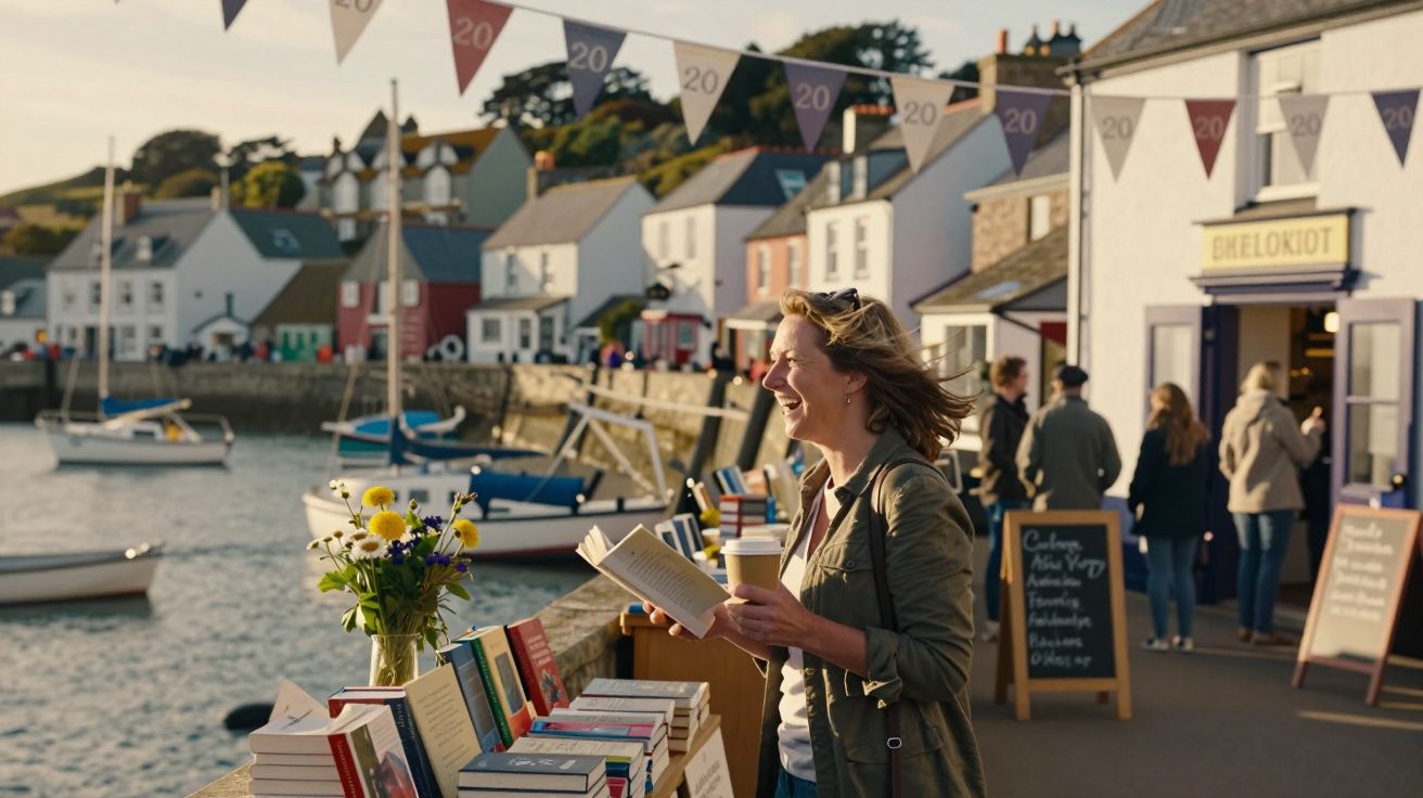 Mulher sorridente lendo livro ao ar livre em feirinha de livros à beira de um canal com barcos.