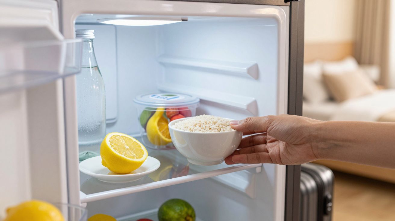 Mão colocando tigela com arroz branco na geladeira aberta com frutas e garrafa de vidro.