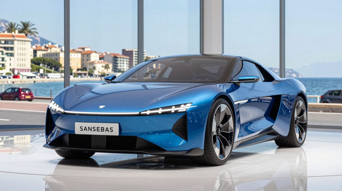 Carro esportivo azul metálico futurista em exposição com vista para o mar ao fundo.