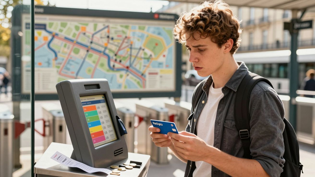 Jovem consultando cartão de transporte público em máquina de recarga perto de mapa de rotas.