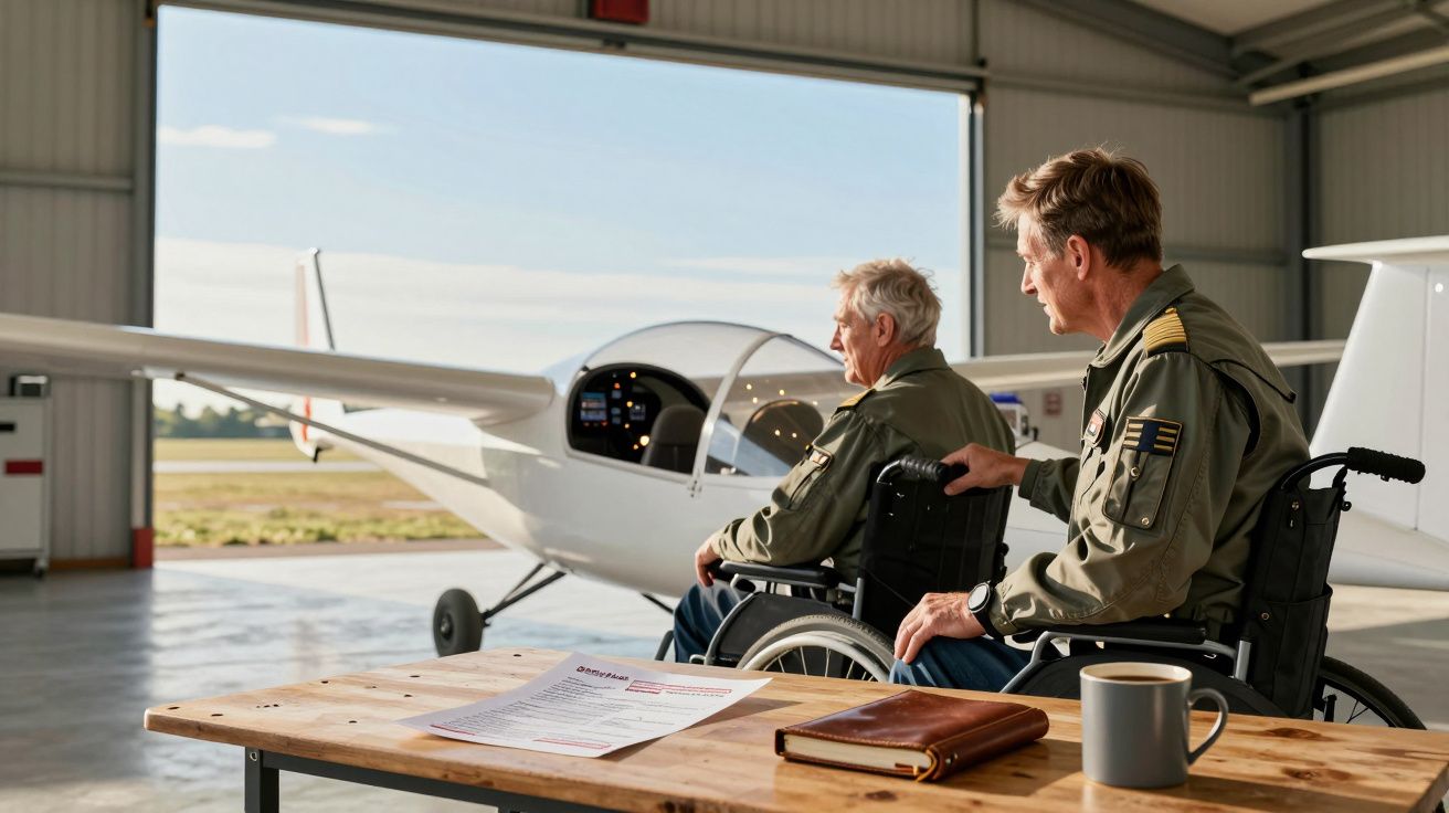 Dois homens em cadeiras de rodas observam um avião pequeno dentro de um hangar de aeródromo.