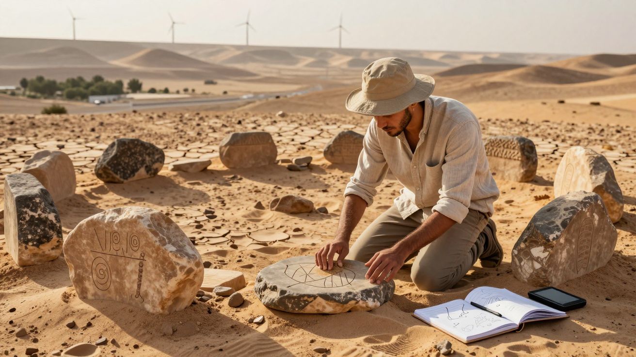 Homem estudando pedras com símbolos antigos em círculo no deserto, com caderno e tablet ao lado.