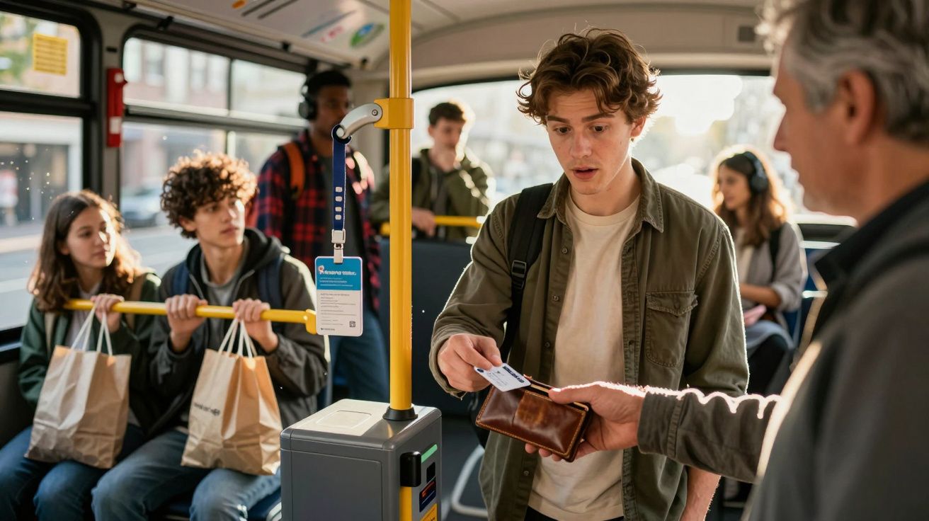 Jovem pagando passagem de ônibus com cartão próximo ao validador, outros passageiros sentados e em pé ao fundo.