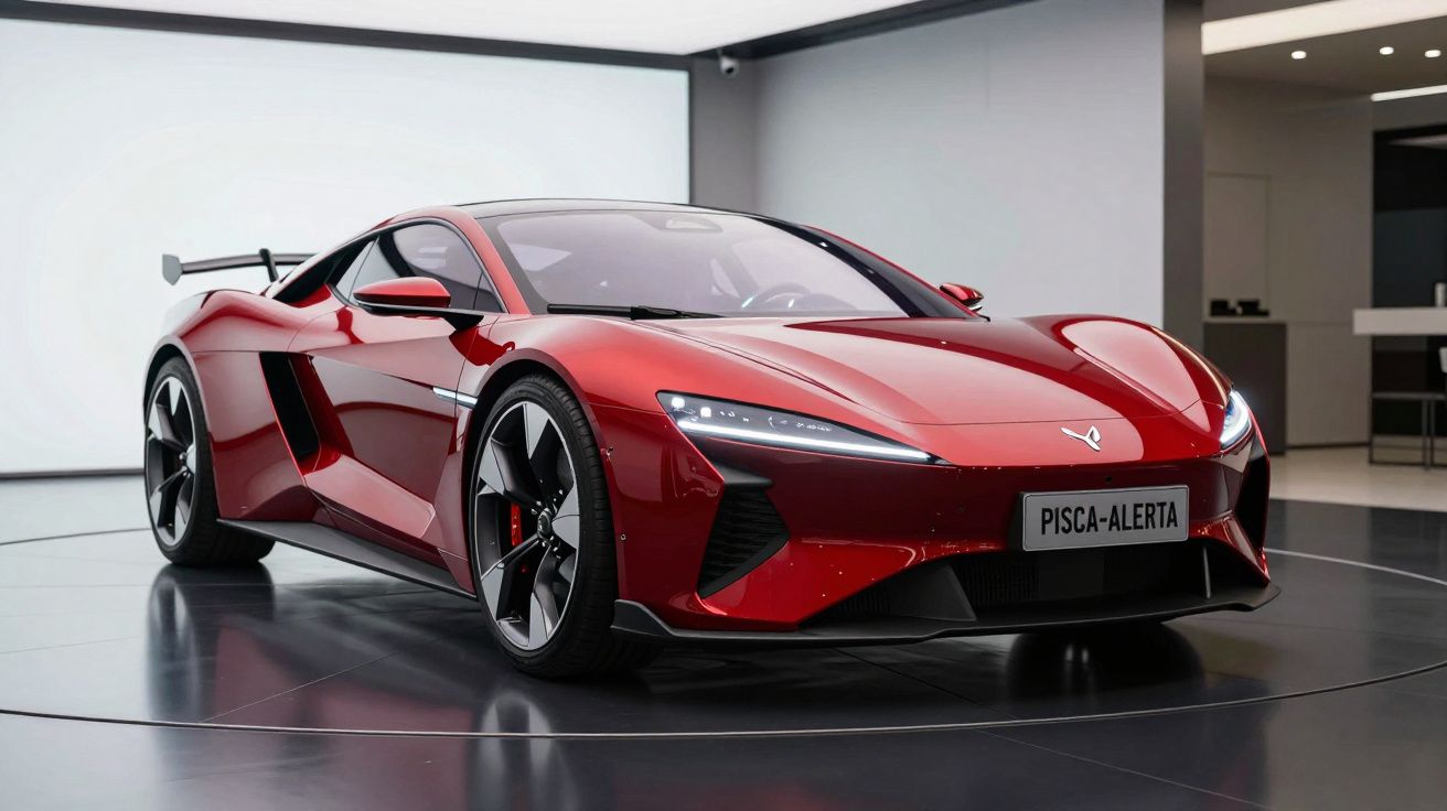 Carro esportivo vermelho moderno estacionado em ambiente interno com luz branca uniforme.