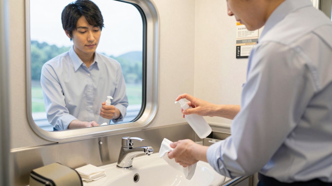 Homem aplicando álcool em gel nas mãos em um banheiro com espelho, janela e pia.