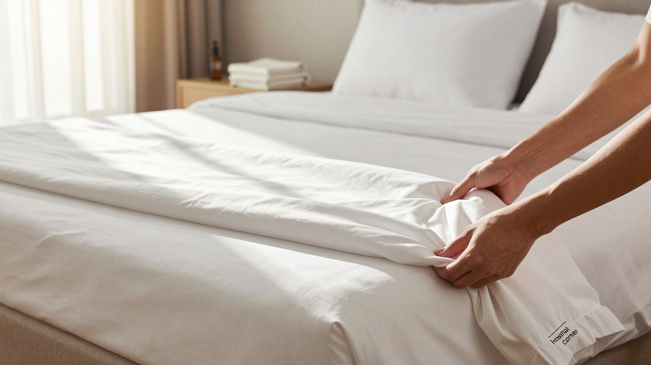 Pessoa arrumando cama com lençol branco em quarto iluminado por luz natural.