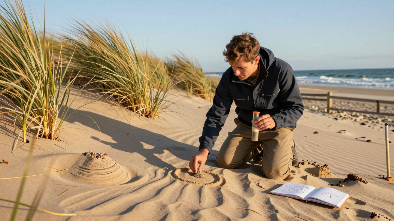 Jovem com jaleco preto estuda marcações na areia da praia com caderno aberto ao lado e dunas ao fundo.