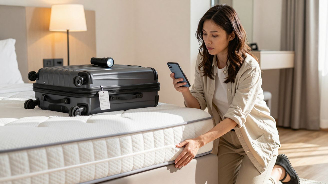 Mulher verificando colchão em quarto de hotel com mala e lanterna sobre a cama.