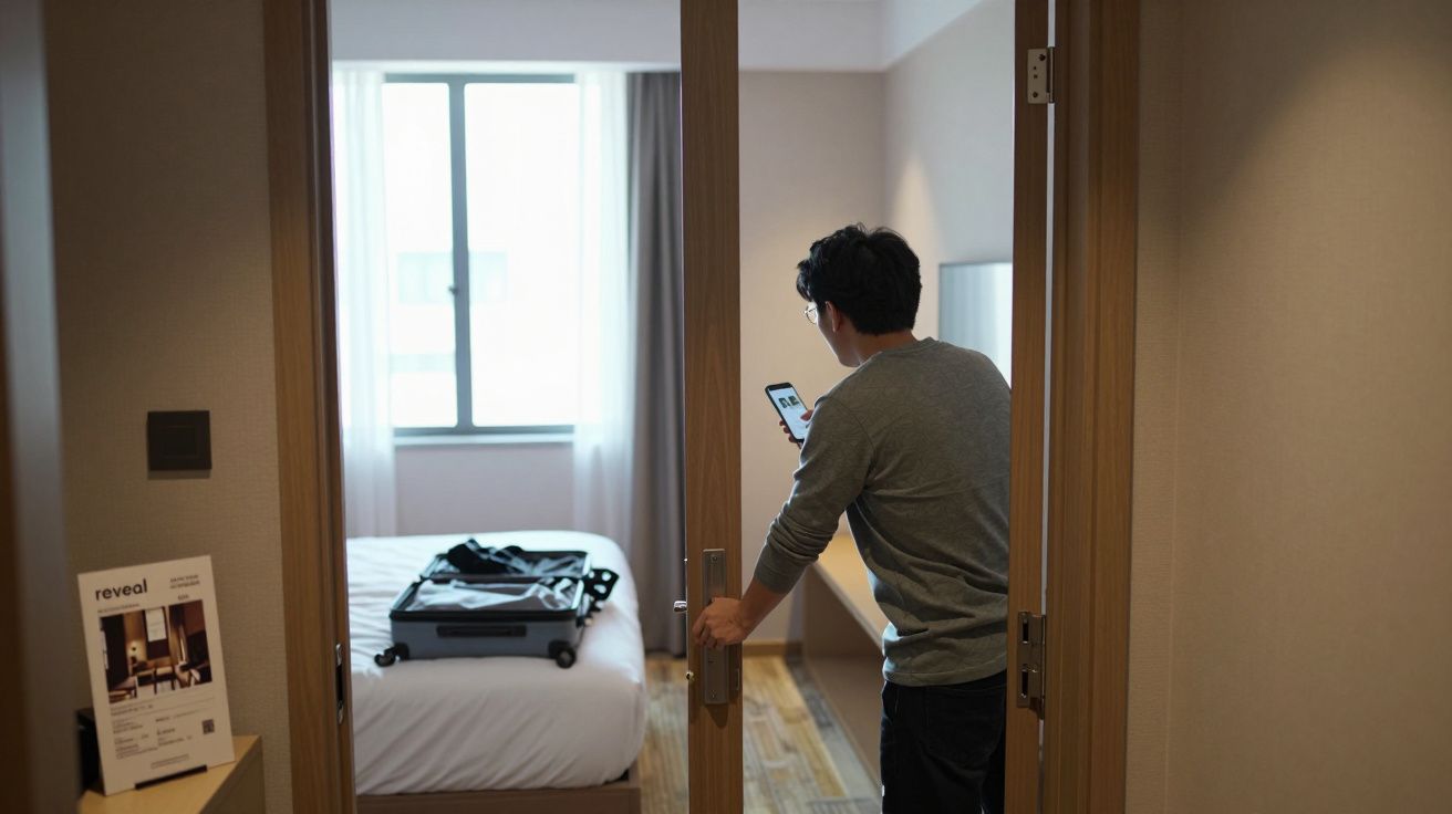 Pessoa entrando em quarto de hotel com mala sobre a cama e olhando para celular.