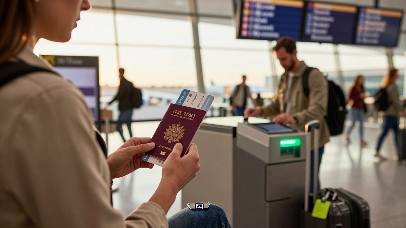 Pessoa segurando passaporte e cartão de embarque em área de check-in de aeroporto movimentado.
