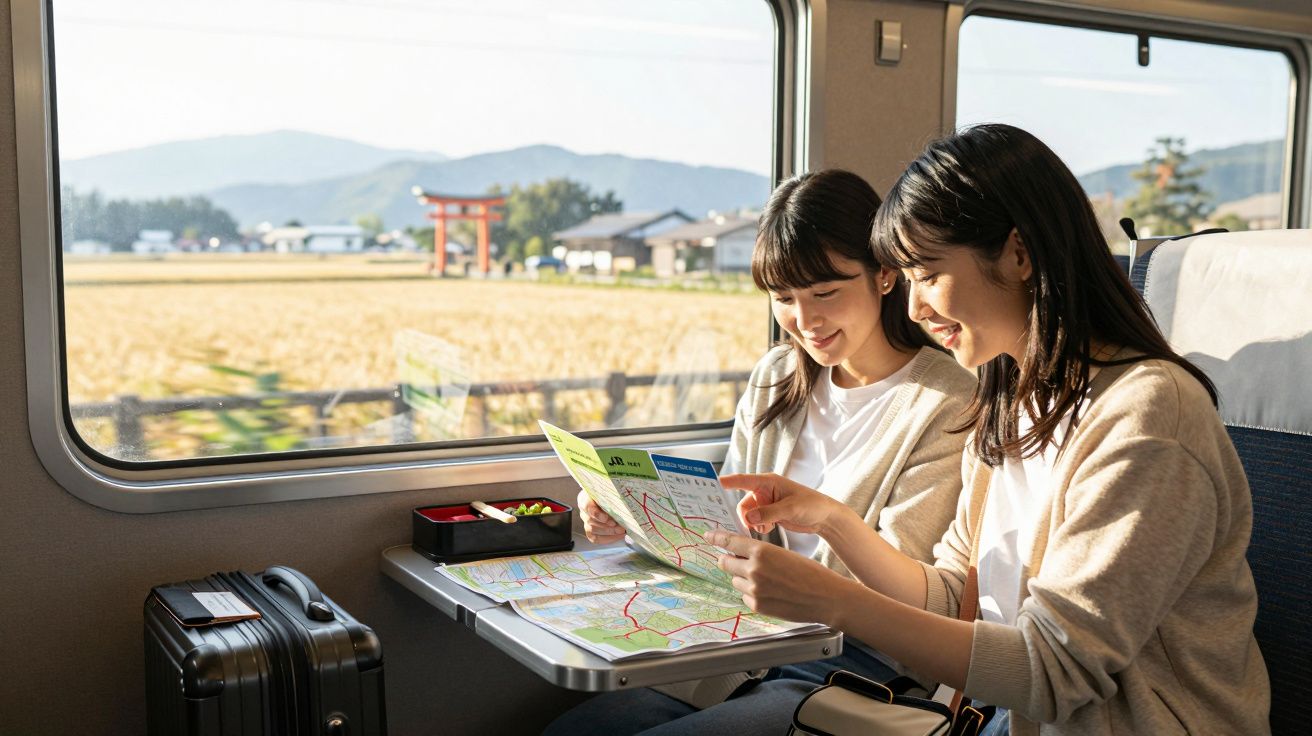 Duas mulheres sorrindo consultam mapas sentadas juntas em um trem com paisagem ao fundo.