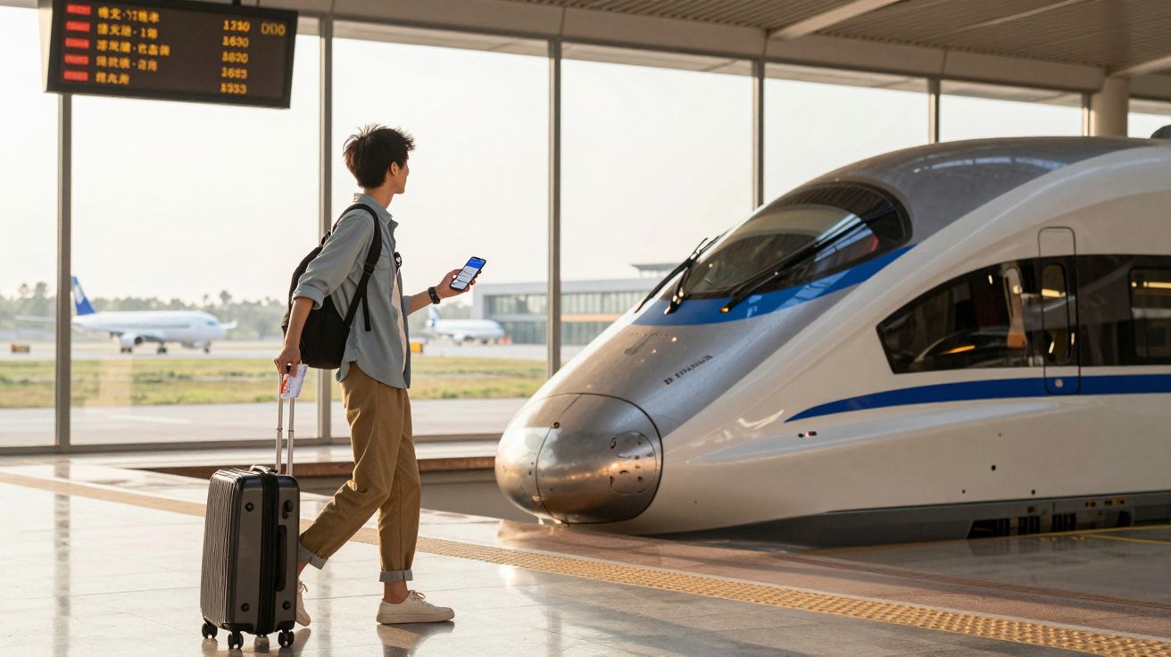Jovem com mochila e mala consulta celular ao lado de trem de alta velocidade em estação moderna.